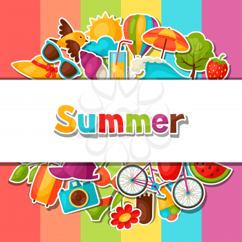 Background with summer stickers. Design for cards, covers, brochures and advertising booklets.