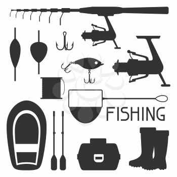 Set of fishing supplies. Objects for decoration, design on advertising booklets, banners, flayers.