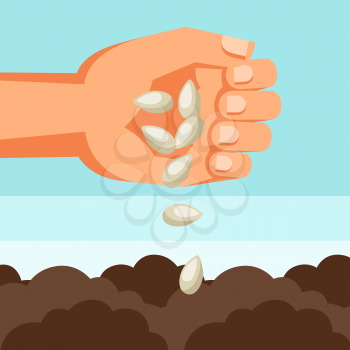 Illustration of human hand sows seeds into soil.