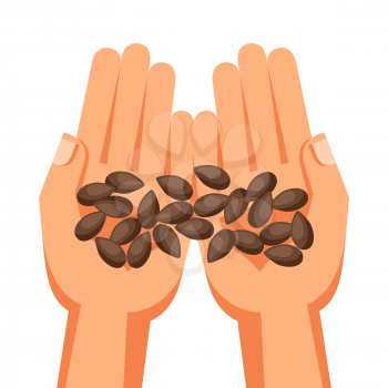 Illustration of human hands holding handful seeds.