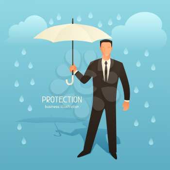 Protection business conceptual illustration with businessman holding umbrella. Image for web sites, articles, magazines.