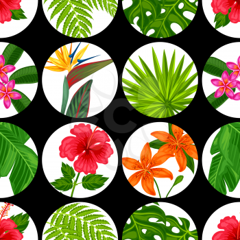 Seamless pattern with tropical plants, leaves and flowers. Background made without clipping mask. Easy to use for backdrop, textile, wrapping paper.