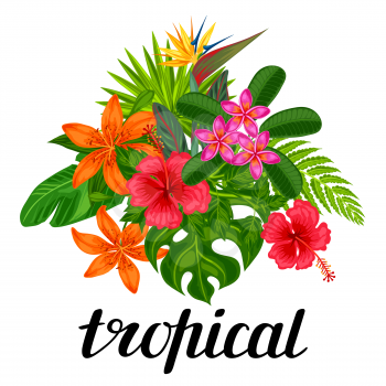 Background with stylized tropical plants, leaves and flowers. Image for advertising booklets, banners, flayers, cards, textile printing.