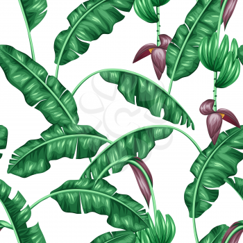 Seamless pattern with banana leaves. Decorative image of tropical foliage, flowers and fruits. Background made without clipping mask. Easy to use for backdrop, textile, wrapping paper.