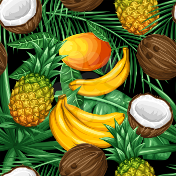 Seamless pattern with tropical fruits and leaves. Background made without clipping mask. Easy to use for backdrop, textile, wrapping paper.