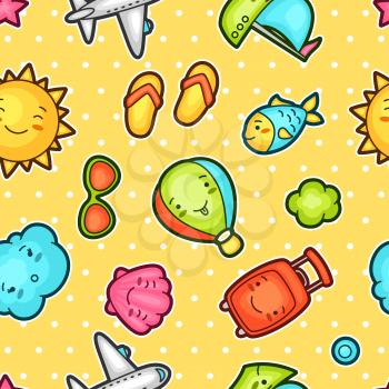 Seamless travel kawaii pattern with cute doodles. Summer collection of cheerful cartoon characters sun, airplane, ship, balloon, suitcase and decorative objects.