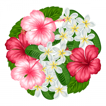Background with tropical flowers hibiscus and plumeria. Image for design on t-shirts, prints, invitations, greeting cards, posters.
