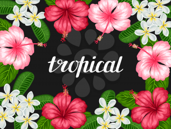 Background with tropical flowers hibiscus and plumeria. Image for holiday invitations, greeting cards, posters.