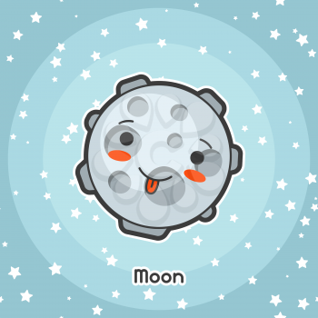 Kawaii space card. Doodle with pretty facial expression. Illustration of cartoon moon in starry sky.