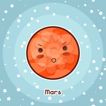 Kawaii space card. Doodle with pretty facial expression. Illustration of cartoon mars in starry sky.