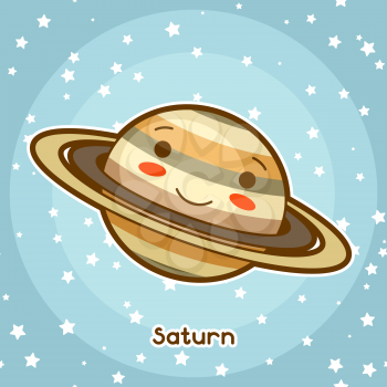 Kawaii space card. Doodle with pretty facial expression. Illustration of cartoon saturn in starry sky.