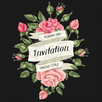 Invitation card with vintage roses. Decorative retro flowers. Image for wedding invitations, romantic cards, posters.