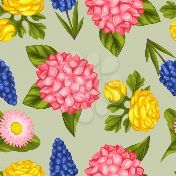 Seamless pattern with garden flowers. Decorative hortense, ranunculus, muscari and marguerite. Easy to use for backdrop, textile, wrapping paper, wallpaper.