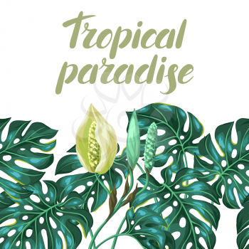 Seamless pattern with monstera leaves. Decorative image of tropical foliage and flower. Background made without clipping mask. Easy to use for backdrop, textile, wrapping paper.