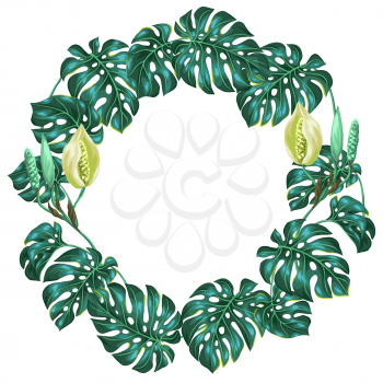 Frame with monstera leaves. Decorative image of tropical foliage and flower. Design for advertising booklets, banners, flayers, cards.