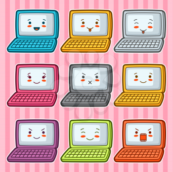 Kawaii doodle laptops set. Illustration of gadgets with various facial expression.