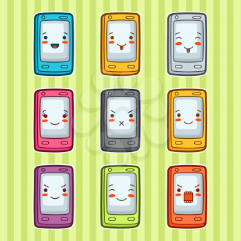 Kawaii doodle mobile phones set. Illustration of gadgets with various facial expression.