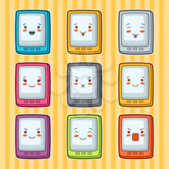 Kawaii doodle tablets set. Illustration of gadgets with various facial expression.
