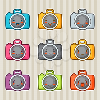 Kawaii doodle cameras set. Illustration of gadgets with various facial expression.