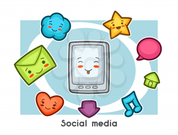 Kawaii social media gadgets funny card. Doodles with pretty facial expression.