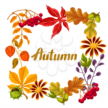 Frame with autumn leaves and plants. Design for advertising booklets, banners, flayers, cards.