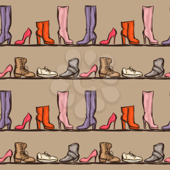 Seamless pattern with shoes. Hand drawn illustration female footwear, boots and stiletto heels.