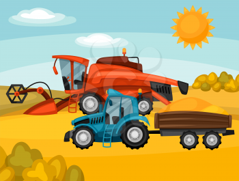 Combine harvester and tractor on wheat field. Agricultural illustration farm rural landscape.