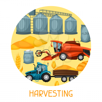 Harvesting background. Combine harvester, tractor and granary. Agricultural illustration farm rural landscape.