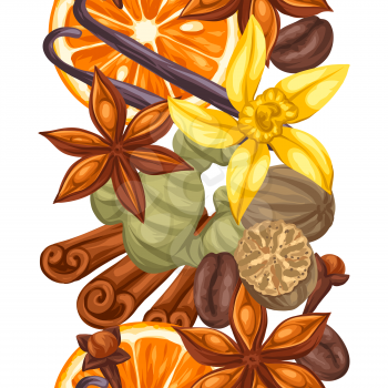 Seamless pattern with various spices. Illustration of anise, cloves, vanilla, ginger and cinnamon.