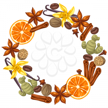 Frame design with various spices. Illustration of anise, cloves, vanilla, ginger and cinnamon.