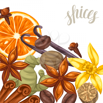 Background design with various spices. Illustration of anise, cloves, vanilla, ginger and cinnamon.