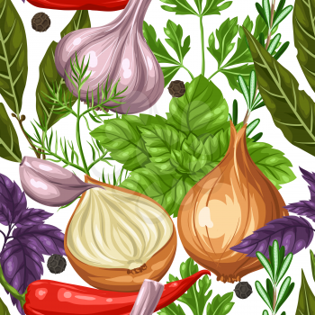 Seamless pattern with various herbs and spices.