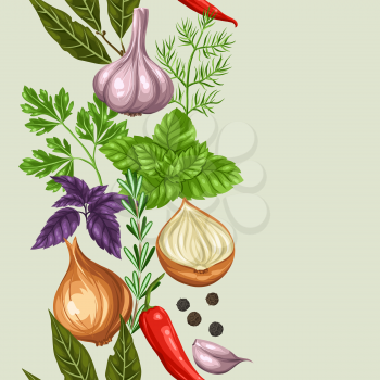Seamless pattern with various herbs and spices.
