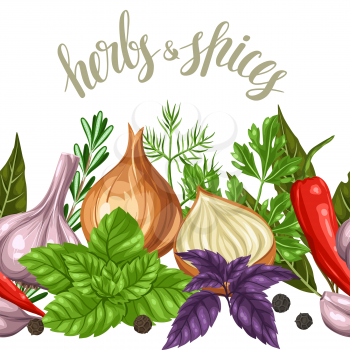 Seamless border with various herbs and spices.