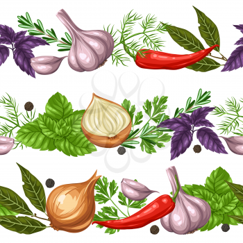 Seamless borders with various herbs and spices.