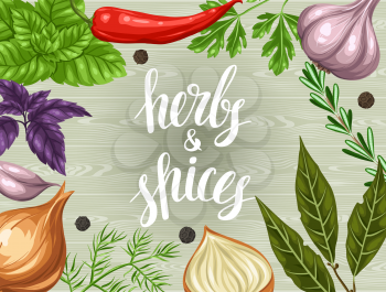 Background design with various herbs and spices.