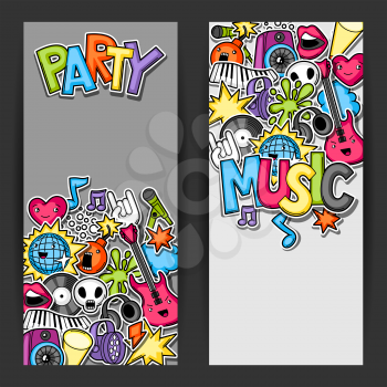 Music party kawaii banners. Musical instruments, symbols and objects in cartoon style.