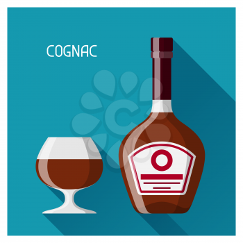 Bottle and glass of cognac in flat design style.