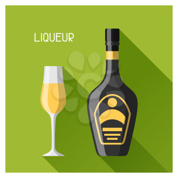 Bottle and glass of liqueur in flat design style.