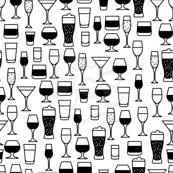 Alcohol drinks seamless pattern. Glasses for restaurants and bars.