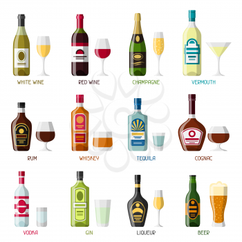 Alcohol drinks icon set. Bottles, glasses for restaurants and bars.
