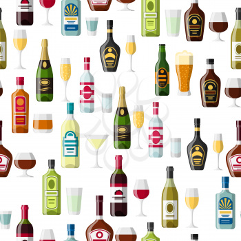 Alcohol drinks seamless pattern. Bottles, glasses for restaurants and bars.