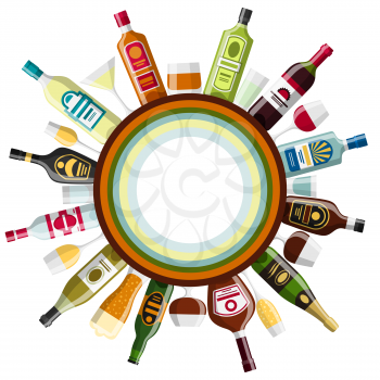 Alcohol drinks background design. Bottles, glasses for restaurants and bars.