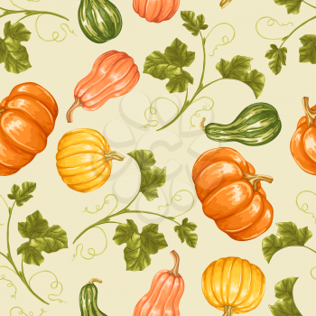 Seamless pattern with pumpkins. Decorative ornament from vegetables and leaves.