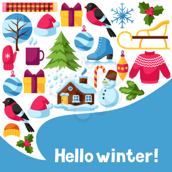 Hello winter background. Merry Christmas, Happy New Year holiday items and symbols.