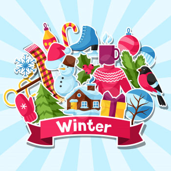 Background with winter stickers. Merry Christmas, Happy New Year holiday items and symbols.