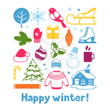 Set of winter objects. Merry Christmas, Happy New Year holiday items and symbols.