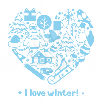 I love winter. Merry Christmas, Happy New Year holiday items and symbols.