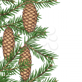 Seamless border with fir branches and cones. Detailed vintage illustration.