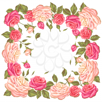 Frame with vintage roses. Decorative retro flowers. Image for wedding invitations, romantic cards, booklets.